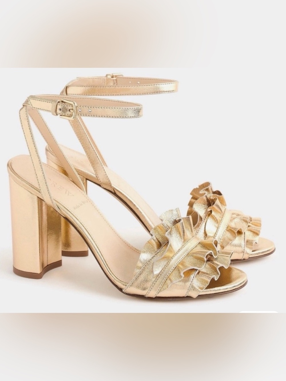 J. Crew Metallic Gold Ruffle Ankle-Strap Block Heels
